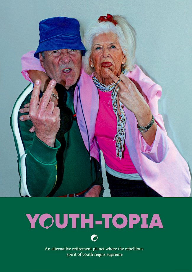 Youth-Topia is an alternative retirement planet designed for those 65+ who refuse to conform to the societal norms of aging. The branding is bold and playful to reflect the youthful attitudes of it's residents and humorous imagery of rebellious elderly adds a touch of whimsy lightheartedness to the brand