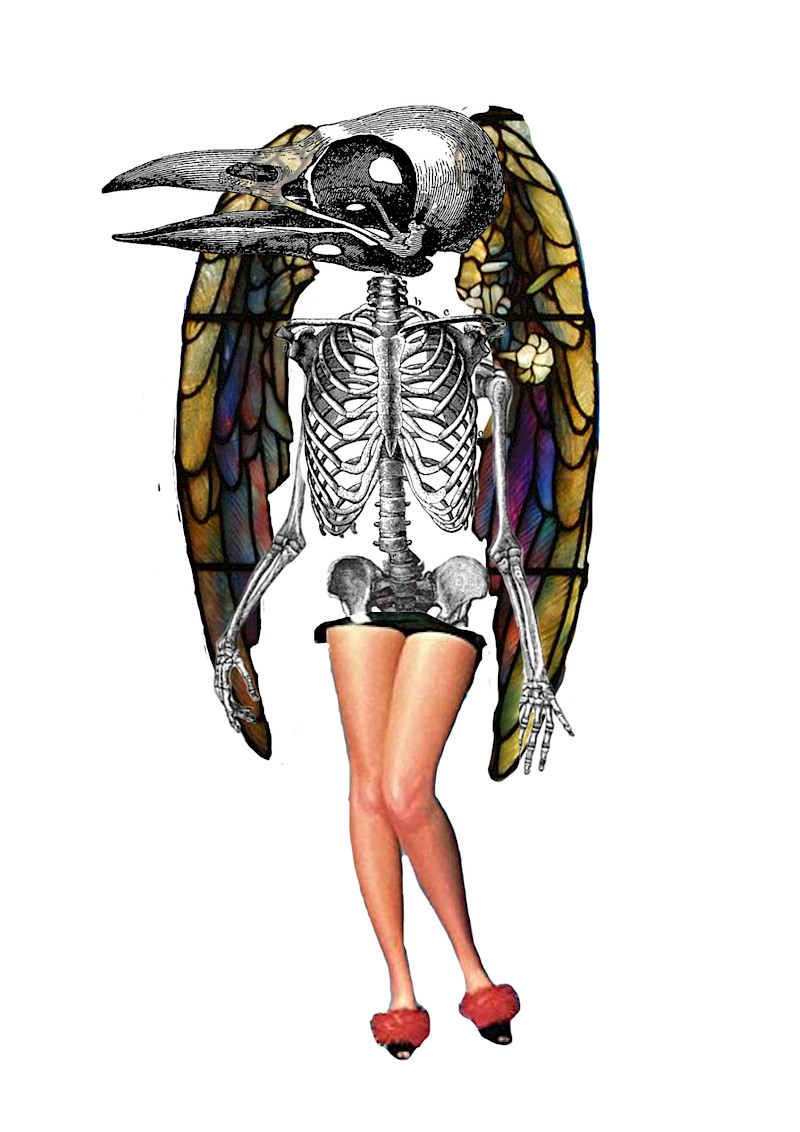 An angel made of a bird, stained glass, skeletal and pin-up girls