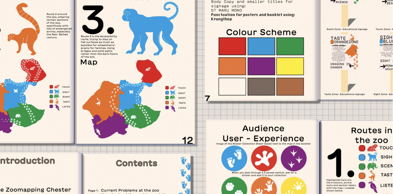 A 12-page brochure, which highlights and illustrates my way-finding system that I designed.