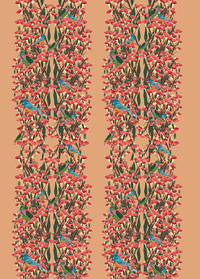 These images are hand-painted illustrations that have been scanned into Photoshop and turned into repeating pattern designs, inspired by the textile artist Timourus Beasties. The final works were used in the 2nd year unit X project this project relied on collaboration in a group with designers from other disciplines to create a series of outcomes to display the Material Source centre in Manchester, My group came up with the title Space Separation and play, we each individually worked on producing sustainable ways to decorate a space using design. I hand-painted each flower and insect in each pattern and used Photoshop to turn them into a repeating pattern experimenting with layout and pattern design. The purpose for these designs was to create a 'Digital Wallpaper' that can be used in any space and is sustainable.