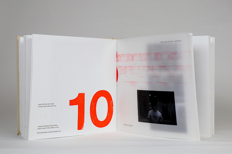 A publication documenting metamorphosis through diagnosis. Double page spread featuring number-press, medium format film photography and bookbinding