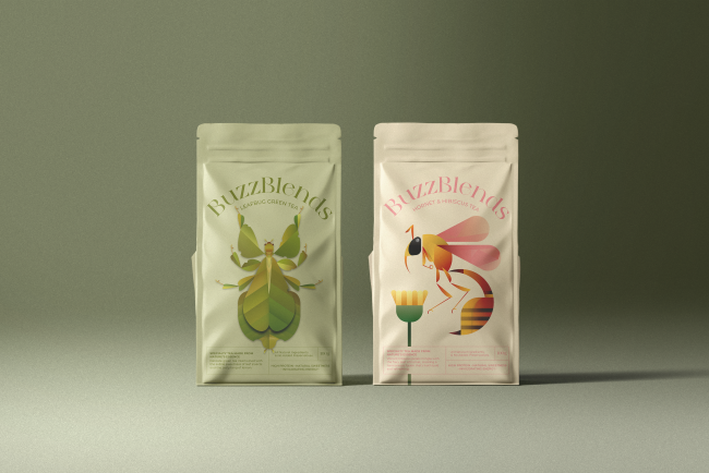 Pouch Packaging for the insect-infused tea brand, BuzzBlends.