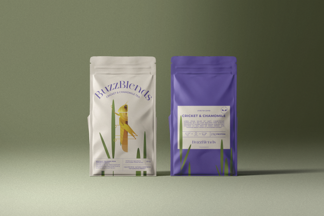 Front and back of packaging for insect-infused tea line, BuzzBlends.