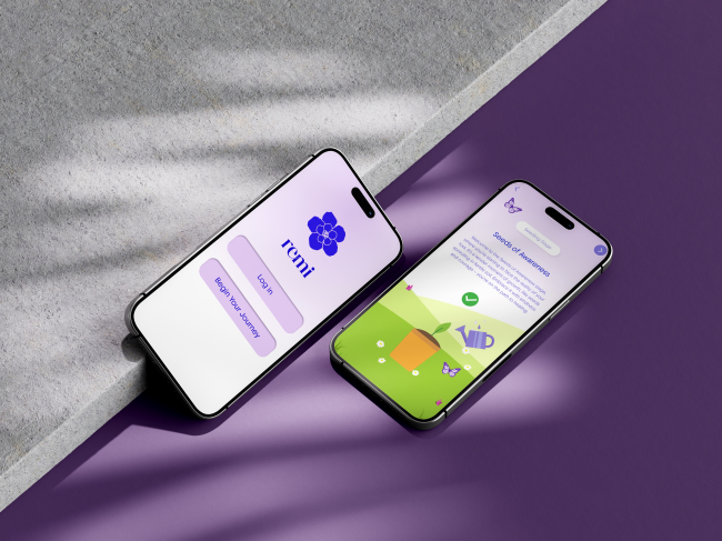 This is a mockup of the homescreen and a page from the 'growth garden' section of the app. Remi is a mental health app for those coping with grief. It helps users connect with others and offers support through meditation, therapy resources and a caring community.