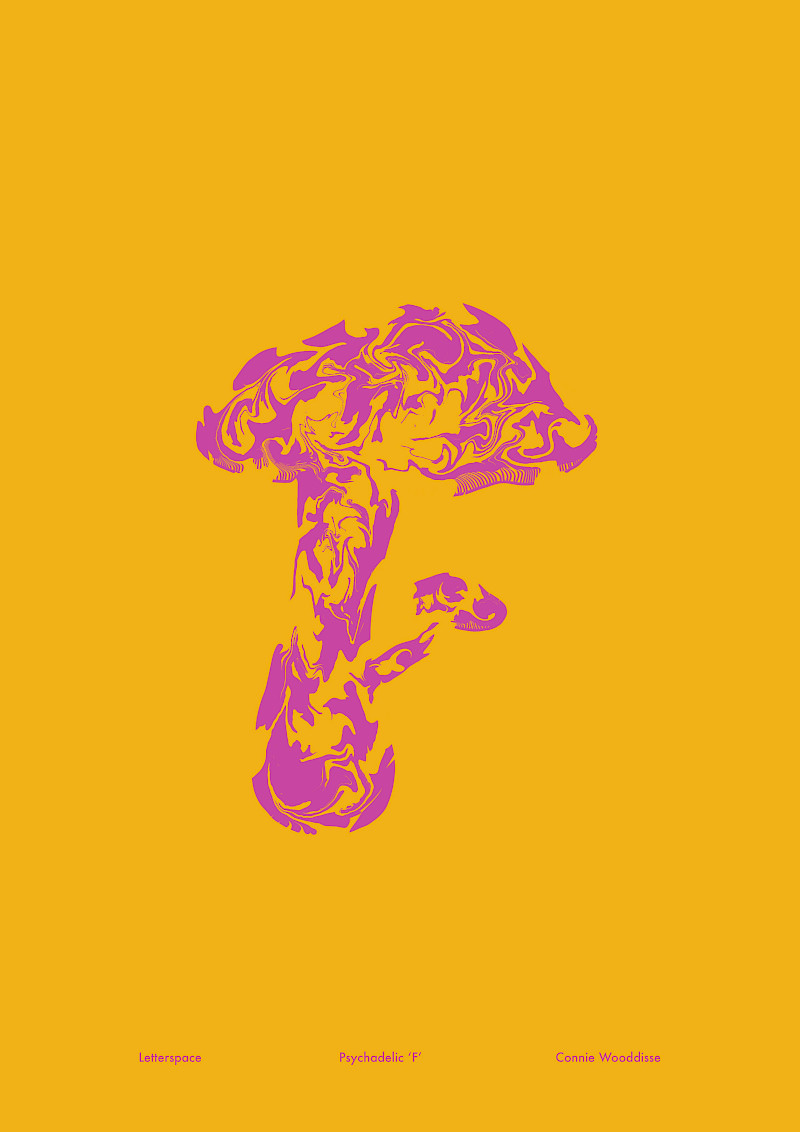 A type exploration using the phrase 'F is for Fungi' to produce an design inspired by 70's psychedelic culture.