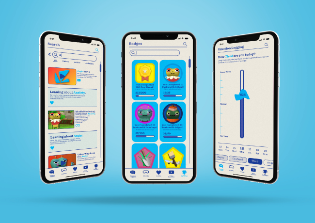 Mockups of the puddle jump app, this shows a few of the features including the resources search bar on left, Badge screen in middle and Emotion logging feature on right.