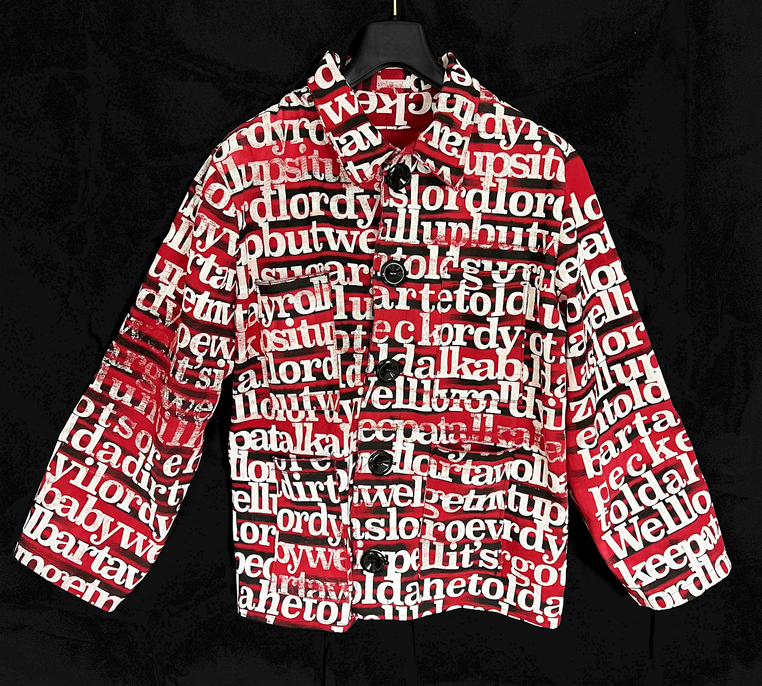 ‘When I Rise’ is a visual interpretation of the music piece “Early in the Mornin’” by Alan Lomax. The musics data has been transformed into a screen-print on fabric, crafted into a work-wear jacket. The images represent the sound of the lyrics, not their literal content, with a distorted black layer obscuring the actual words.