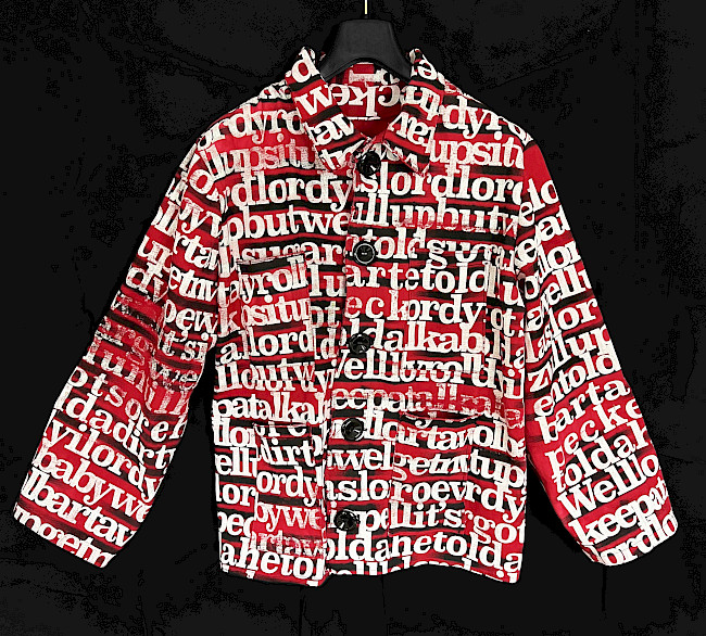 ‘When I Rise’ is a visual interpretation of the music piece “Early in the Mornin’” by Alan Lomax. The musics data has been transformed into a screen-print on fabric, crafted into a work-wear jacket. The images represent the sound of the lyrics, not their literal content, with a distorted black layer obscuring the actual words.