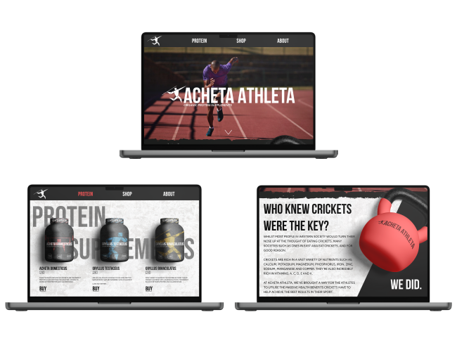 Website pages for insect protein supplement Acheta Athleta.