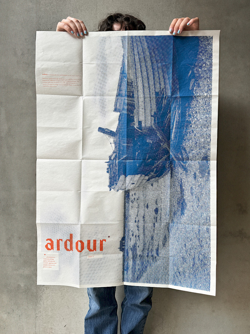 (594 x 841, double-sided screenprint)
Collaborative project by Bibi Lewin-Sanderson and Roxanna Luke. 

Ardour is a publication on the topic of protest. Issue 1 is a guide through Derek Jarman’s garden, each chapter inspired by different sections of his Dungeness home. The curated selection of articles is a reflection on how in it’s nature, Prospect Cottage and it’s surroundings, is a symbol of expressive opposition. When unfolded the publication is A1, but can be folded down to A6 - pocket size - which keeps it compact and easily transportable.