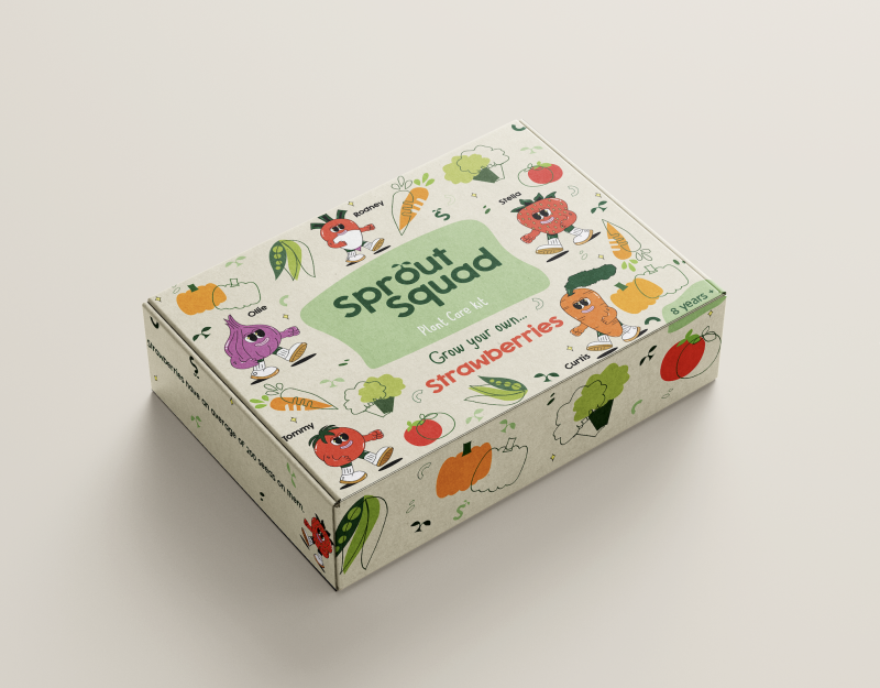 Sprout Squad is a plant care kit that comes with a unique twist - each plant comes with a fictional character and story. Customers will receive a care kit accompanied by a beautifully illustrated booklet that tells the plant's whimsical adventures. My target age range is 8 years plus.